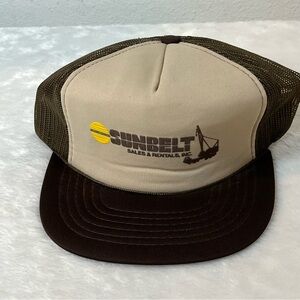 Vintage Sundelt Trucker Hat Construction Equipment Snapback Mesh Brown Tan Cap